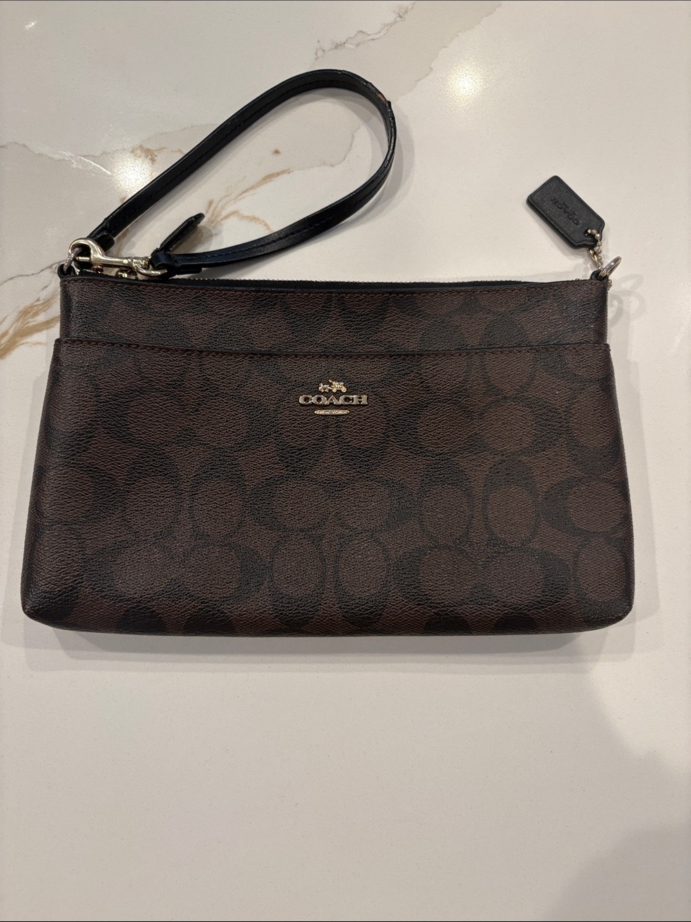 Coach Brown Signature Canvas Wristlet with Black Strap